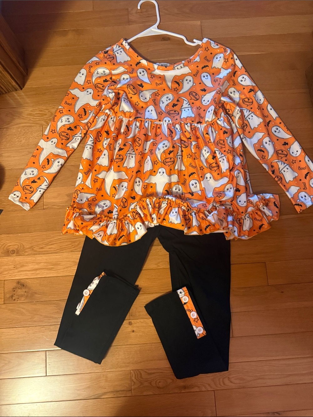 Girls' Orange Halloween Ghost Ruffle Top & Black Leggings Set